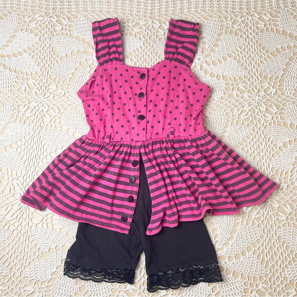 Vintage 1990s Great Shapes Girls 10 Black Dots & Stripes Pink Skirted Romper
